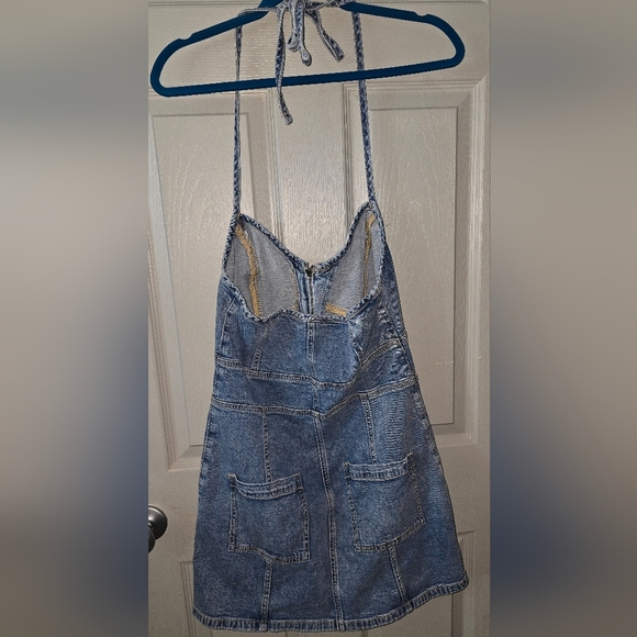 American Eagle AE Stretch Denim Jean Halter Mini Dress Zip Front Sz 12 or L - Picture 4 of 9